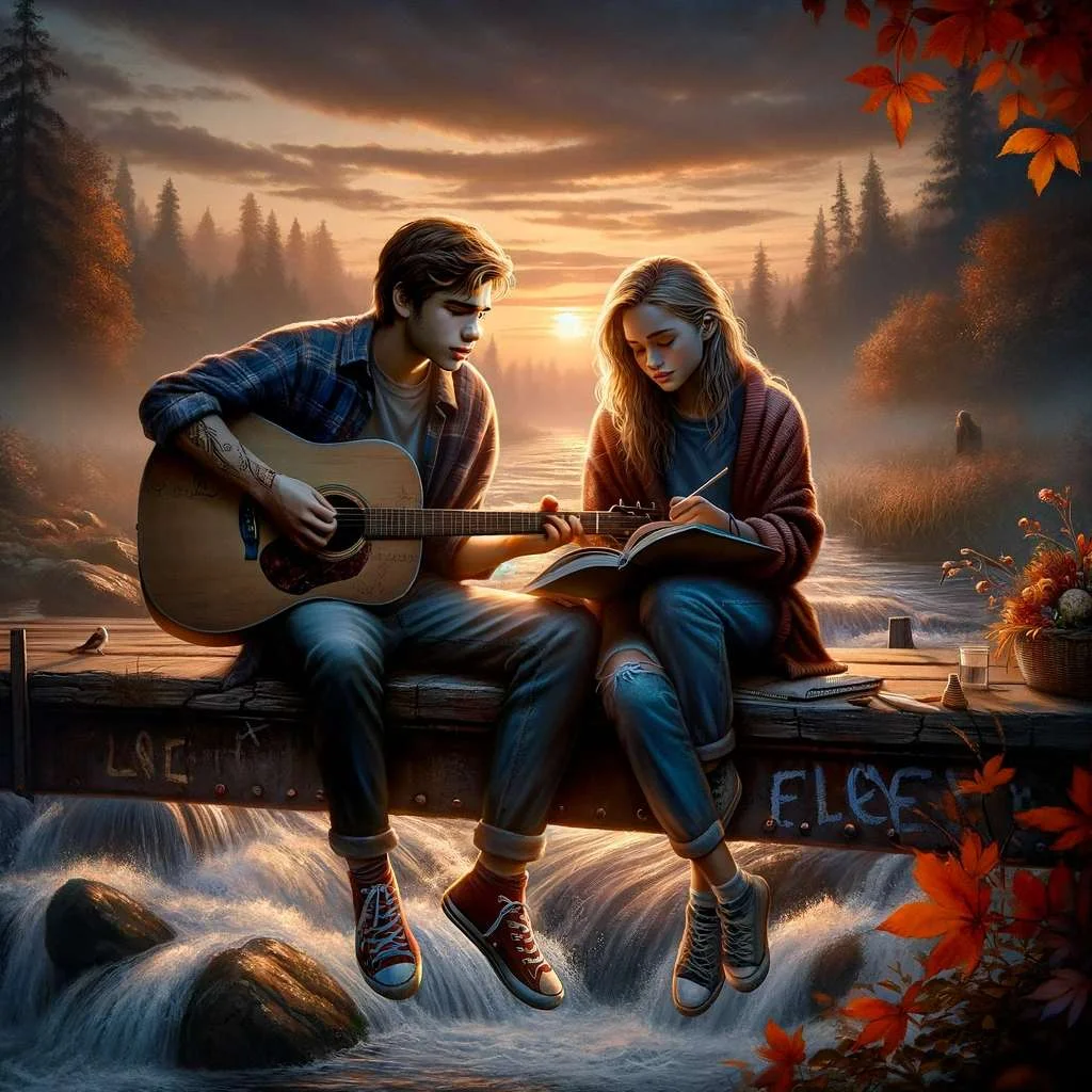 the image that captures the essence of the young love story between Liam and Ava. It features them sitting together on an old bridge over a rushing river at twilight, with Liam strumming a guitar and Ava sketching, surrounded by the serene beauty of autumn.