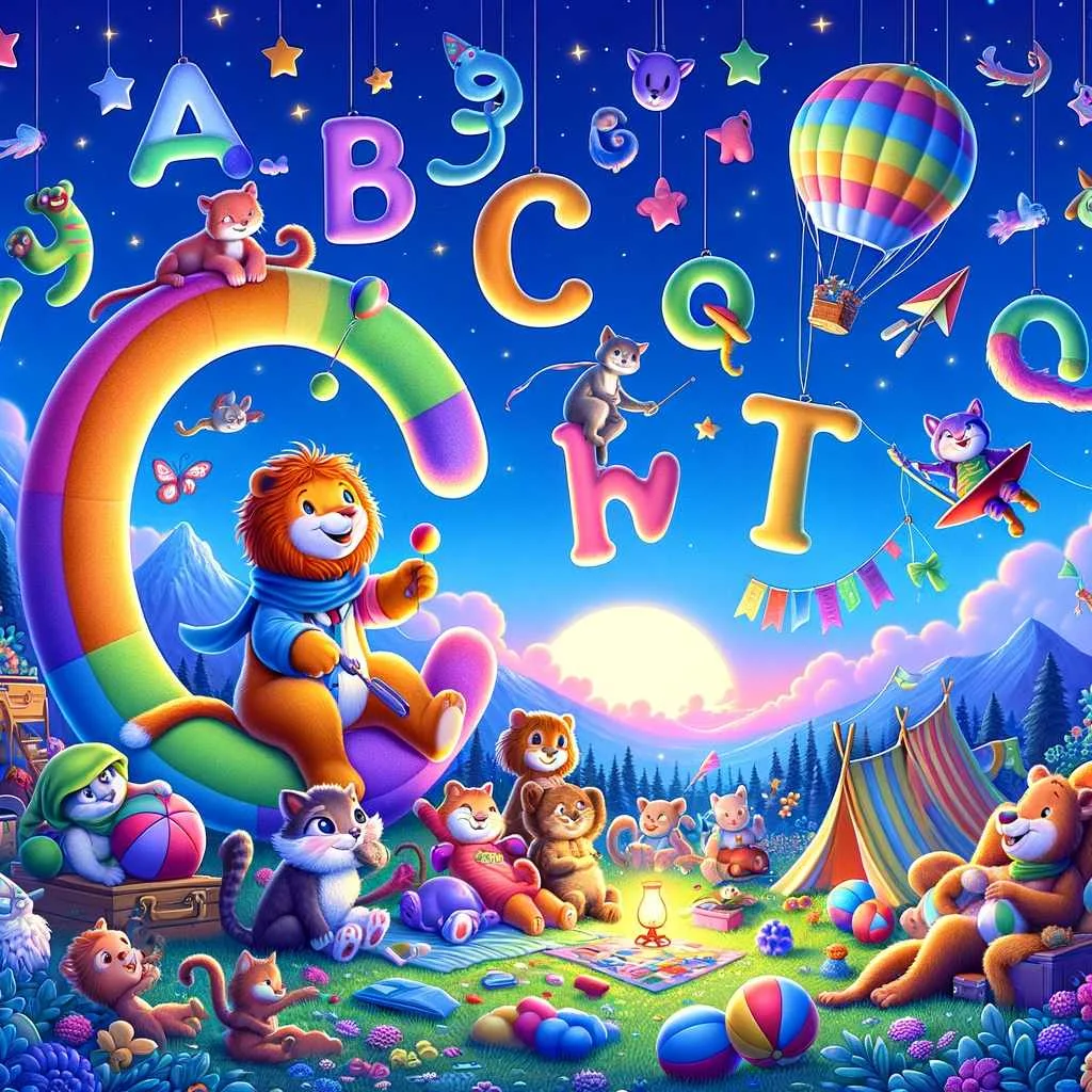 the alphabet letters each showing their unique personality and activity, gathered under a starry sky in a whimsical, vibrant style.