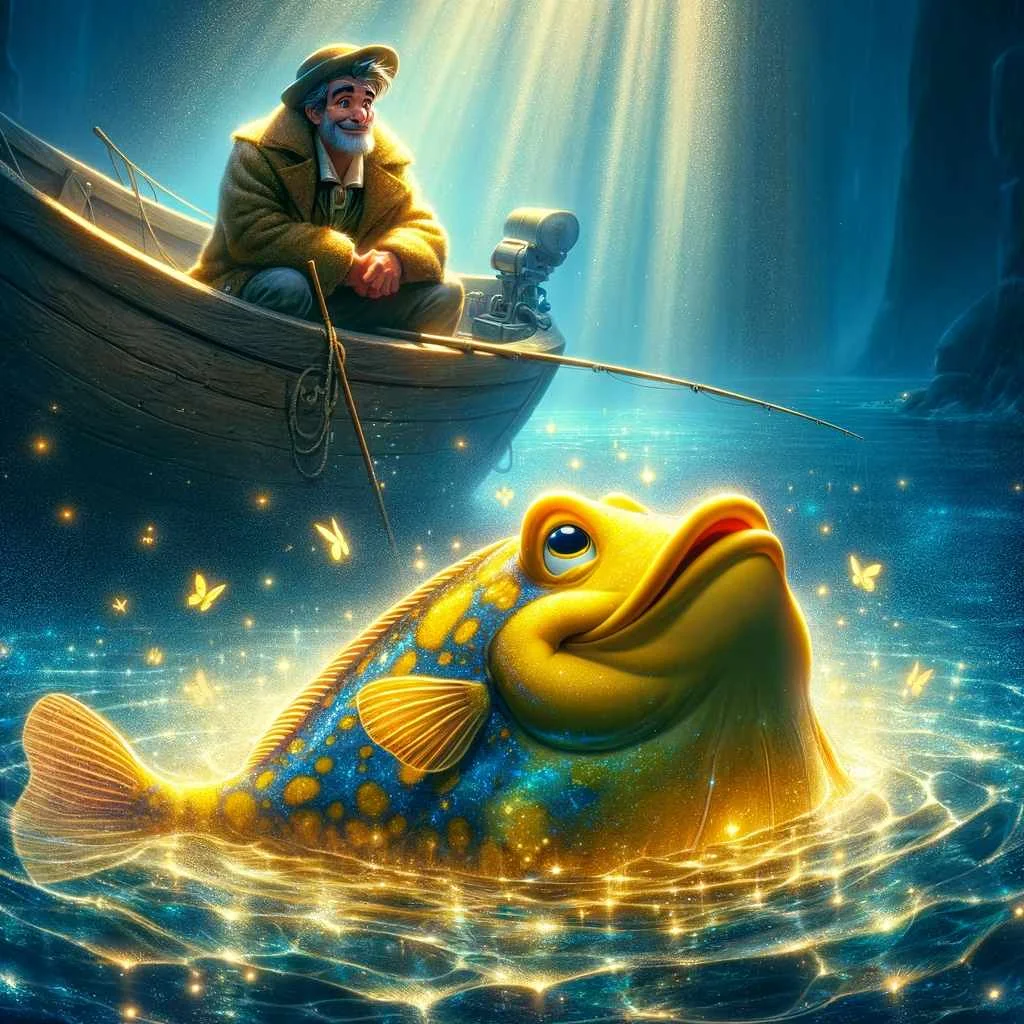 the image, showing a humble fisherman in a small boat, gazing in awe at a golden, enchanting flounder. The flounder's magical head is the only part emerging from the sparkling sea, set within a mystical atmosphere with shimmering water and subtle magical elements, capturing the essence of the fairy tale's wonder.