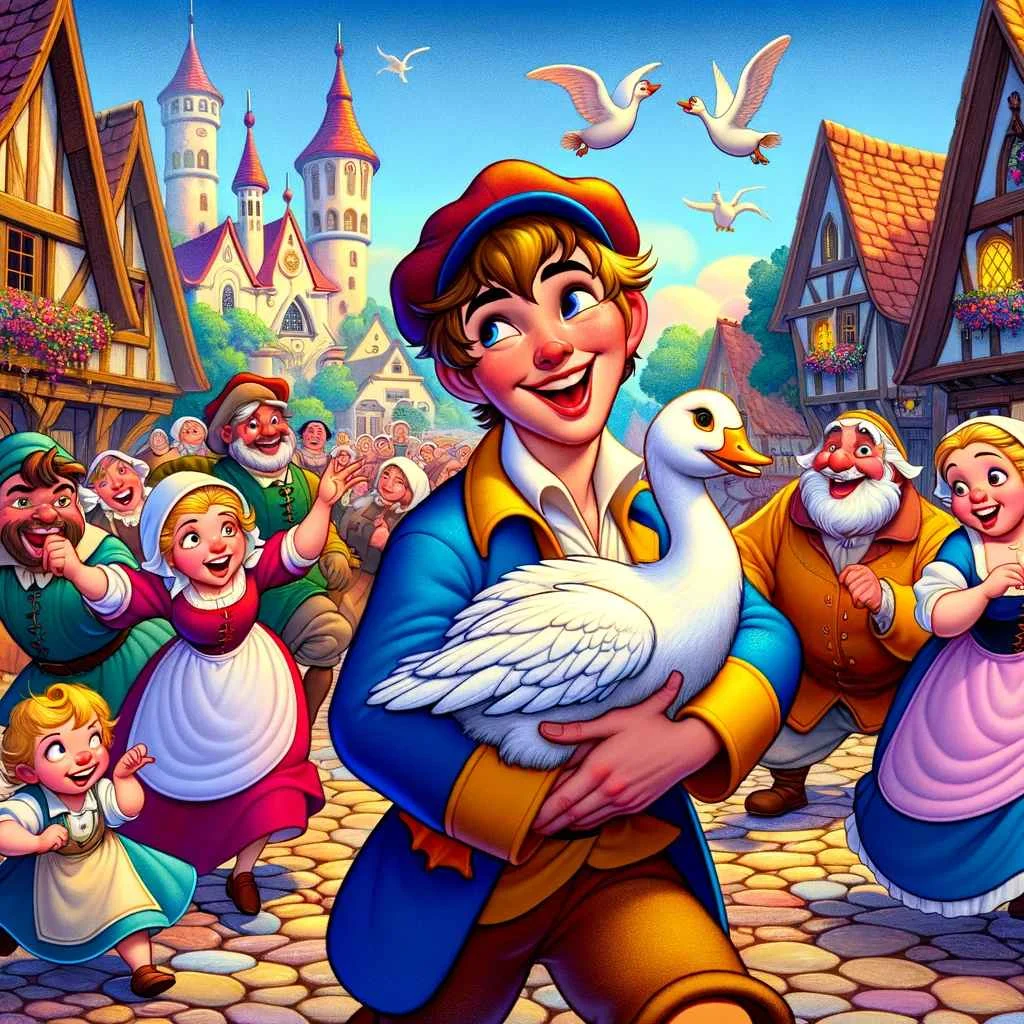Dummling walking through a village, the golden goose under his arm, and the comical procession of people stuck behind him. The colorful village setting adds charm and whimsy to the scene, reflecting the fairy tale's magical and lighthearted essence.