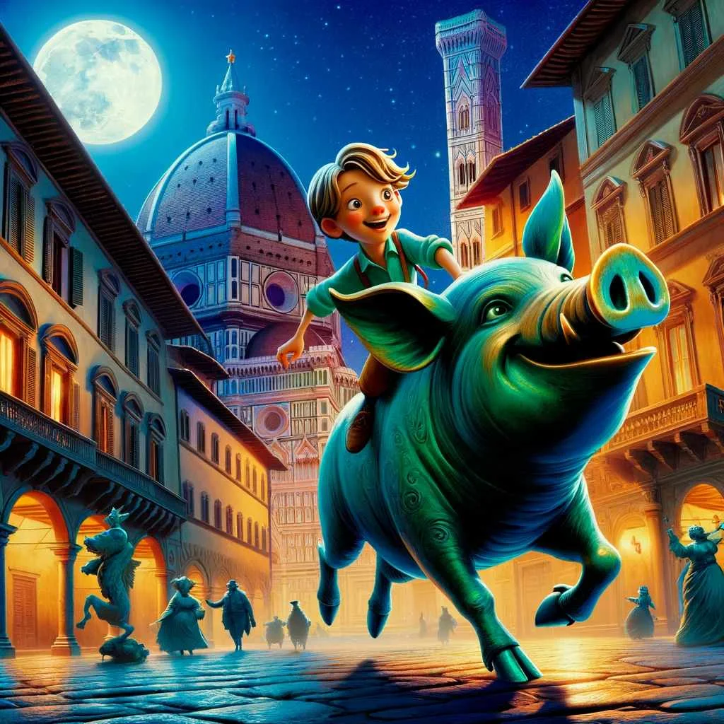 The Metal Pig. scene from Hans Christian Andersen's "The Metal Pig," created in a Disney-like animation style, is ready. It shows the young boy riding on the back of the whimsical bronze pig statue, capturing the magical atmosphere of their nighttime adventure through Florence.