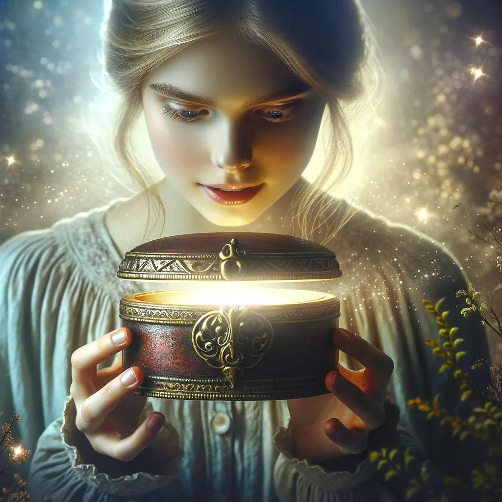 a young girl looking into a magical box