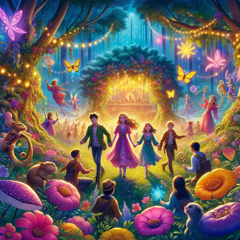 The image captures the four teenagers - Caroline, Alex, Jordan, and Lena - in the midst of a whimsical and vibrant forest setting, surrounded by fairies, elves, and talking animals, truly bringing the essence of the magical adventure to life.