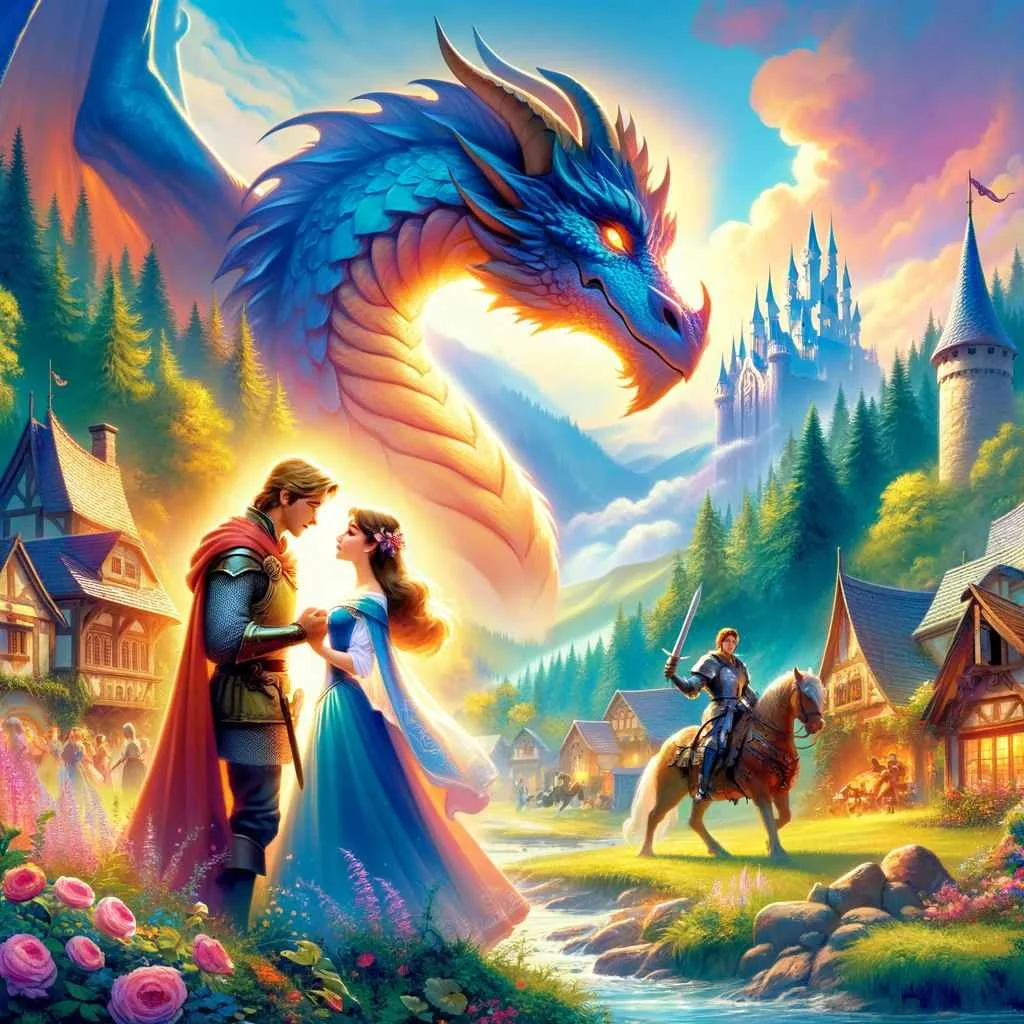 the image depicts the story of a princess marked by destiny and a brave knight. The princess, glowing subtly, and the knight are sharing a moment of connection in a picturesque village. Behind them, a dragon symbolizing the princess's heritage and the prophecy, looms large yet benign.