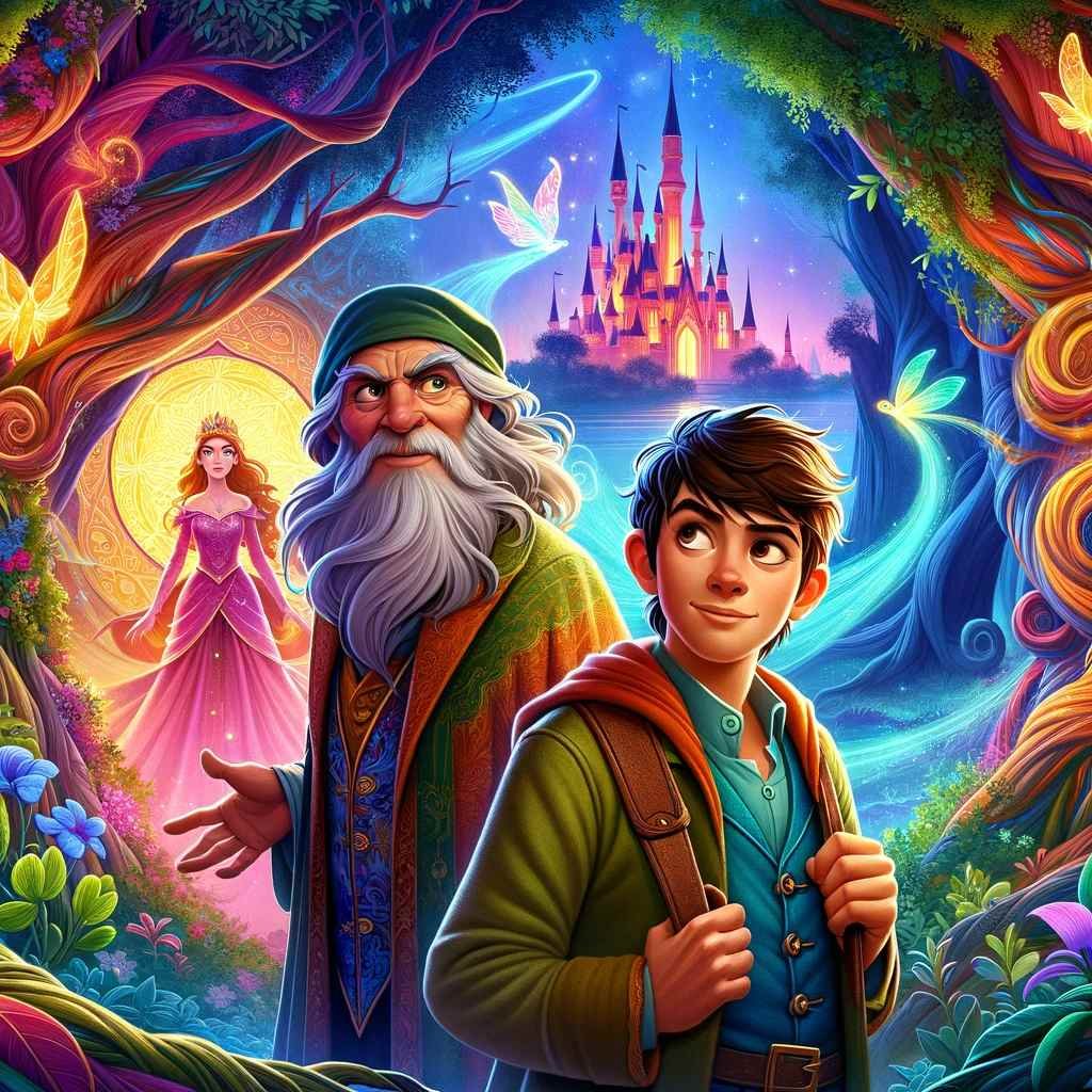 the image of the traveller companion features the young man, John, with his mysterious travelling companion, set against a magical backdrop with a lush forest, an enchanted castle, and a spellbound princess.