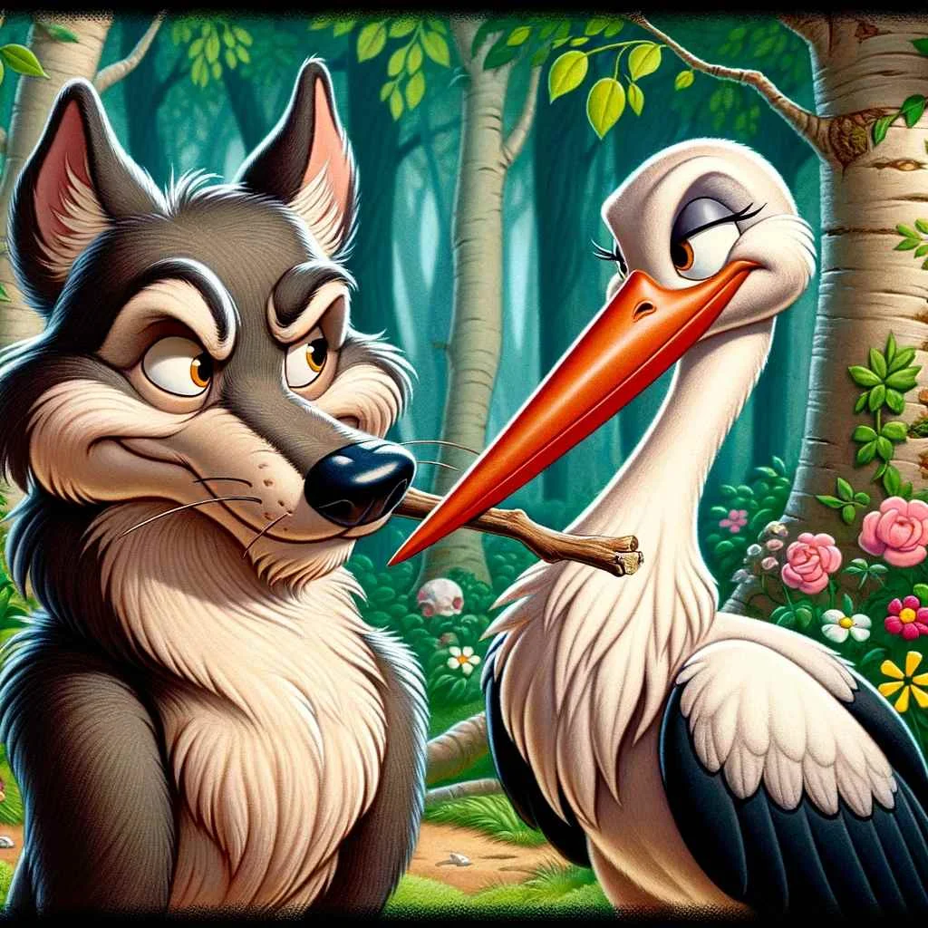 The Wolf and the Stork" fable, rendered in an animated Disney style. The illustration captures the moment after the stork has removed the bone from the wolf's throat, highlighting the expressions that reflect the moral tension of the story.