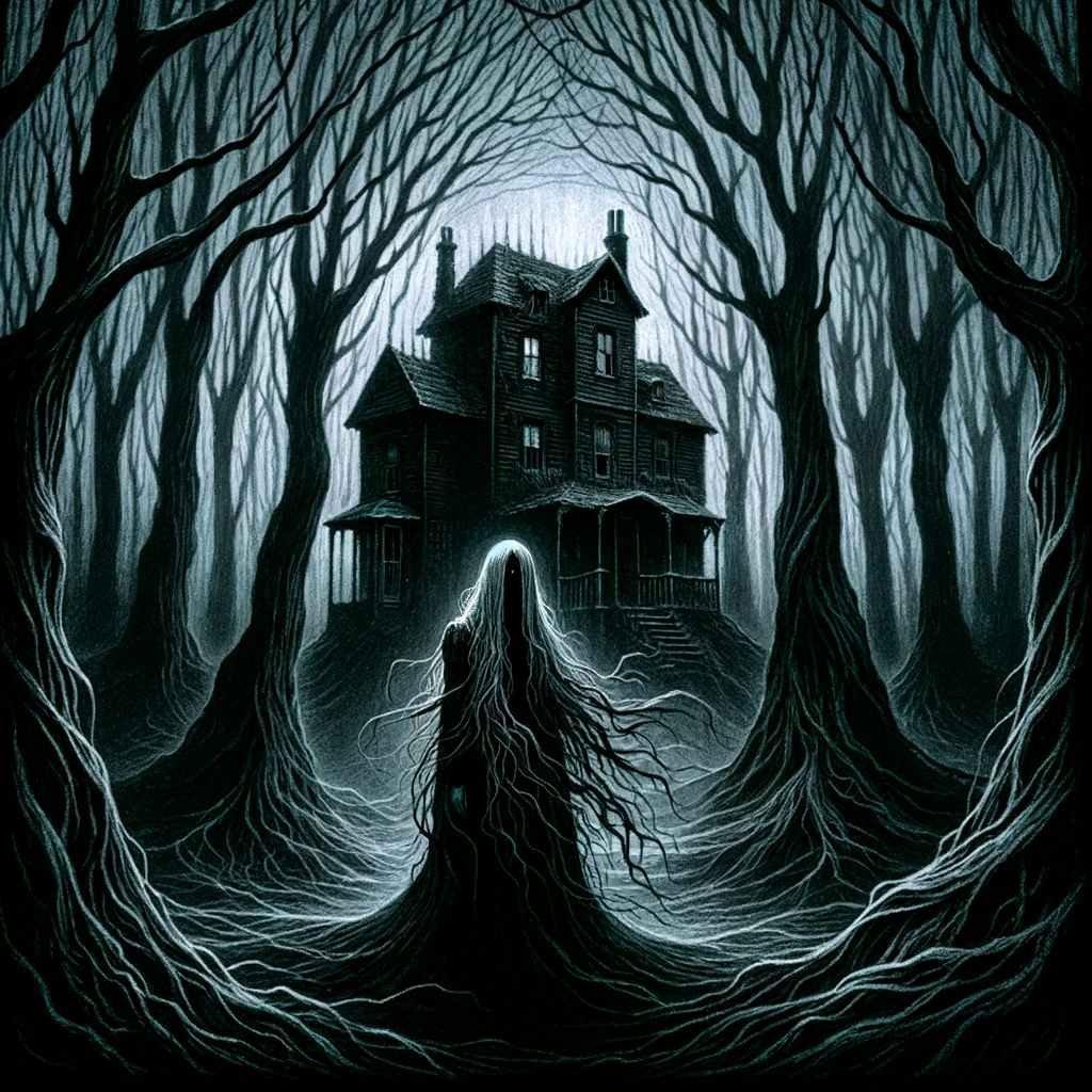 the haunting and mysterious essence of the ghost story, featuring an old house in a dark forest with the eerie figure of the woman in black.