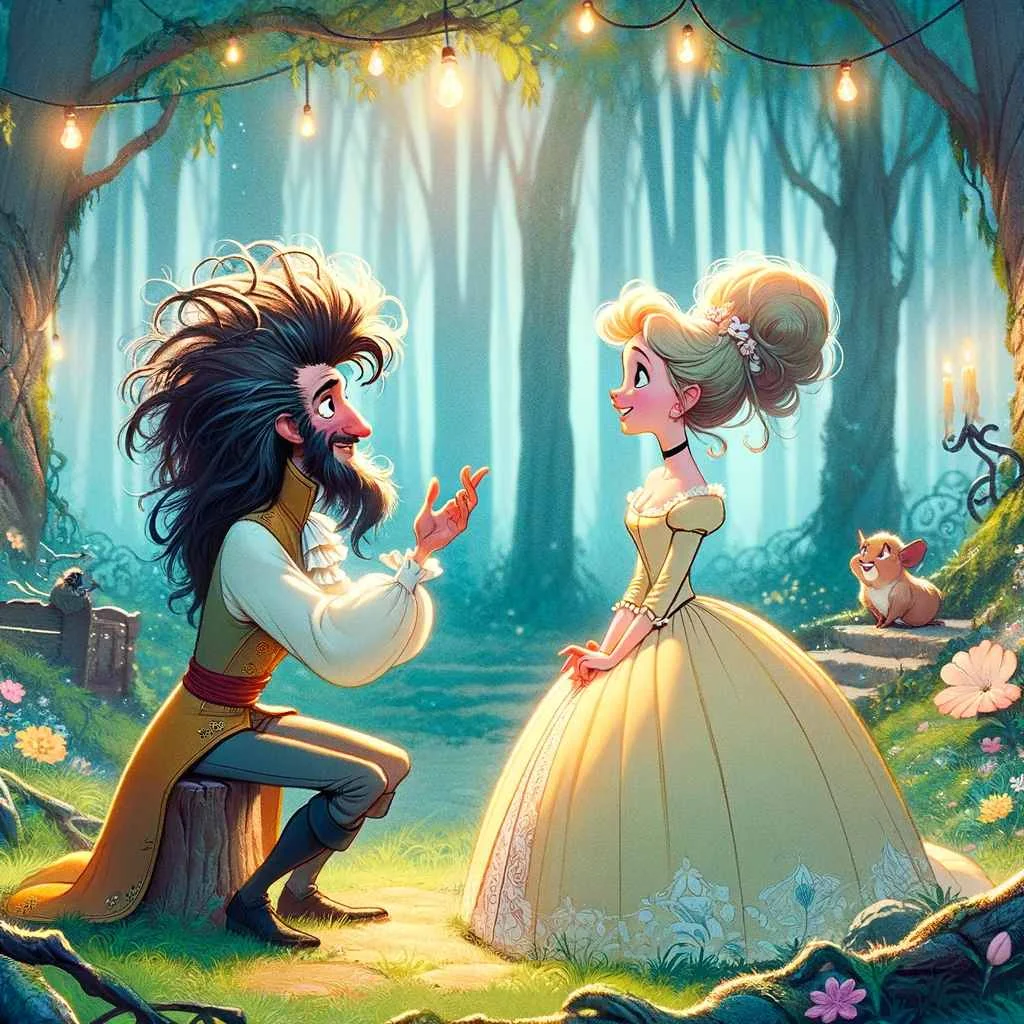 The scene depicts Prince Riquet conversing with the princess in a whimsical forest setting, embodying the fairy tale's charm and sense of wonder.