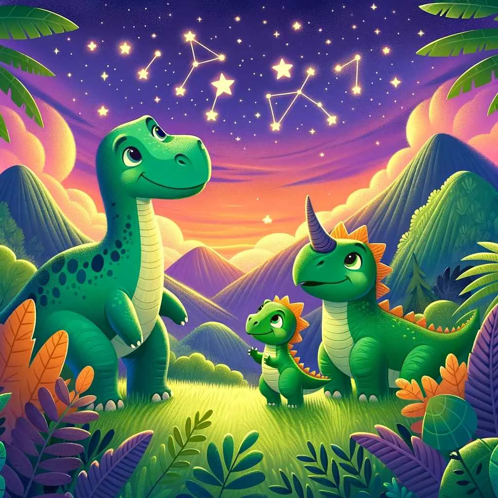 a happy dinosaur family at bedtime