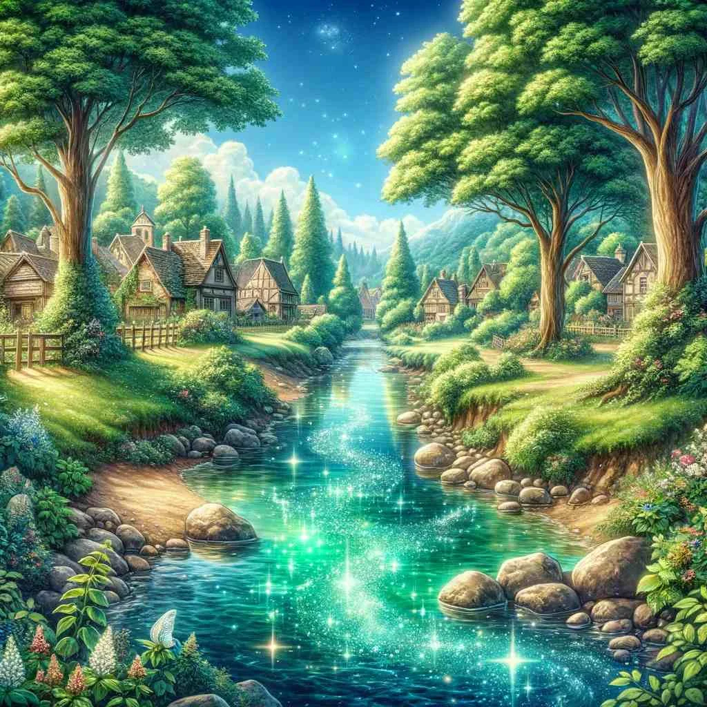 a picturesque and serene scene of a quaint village with an enchanting stream running through it, reflecting the surrounding natural beauty.