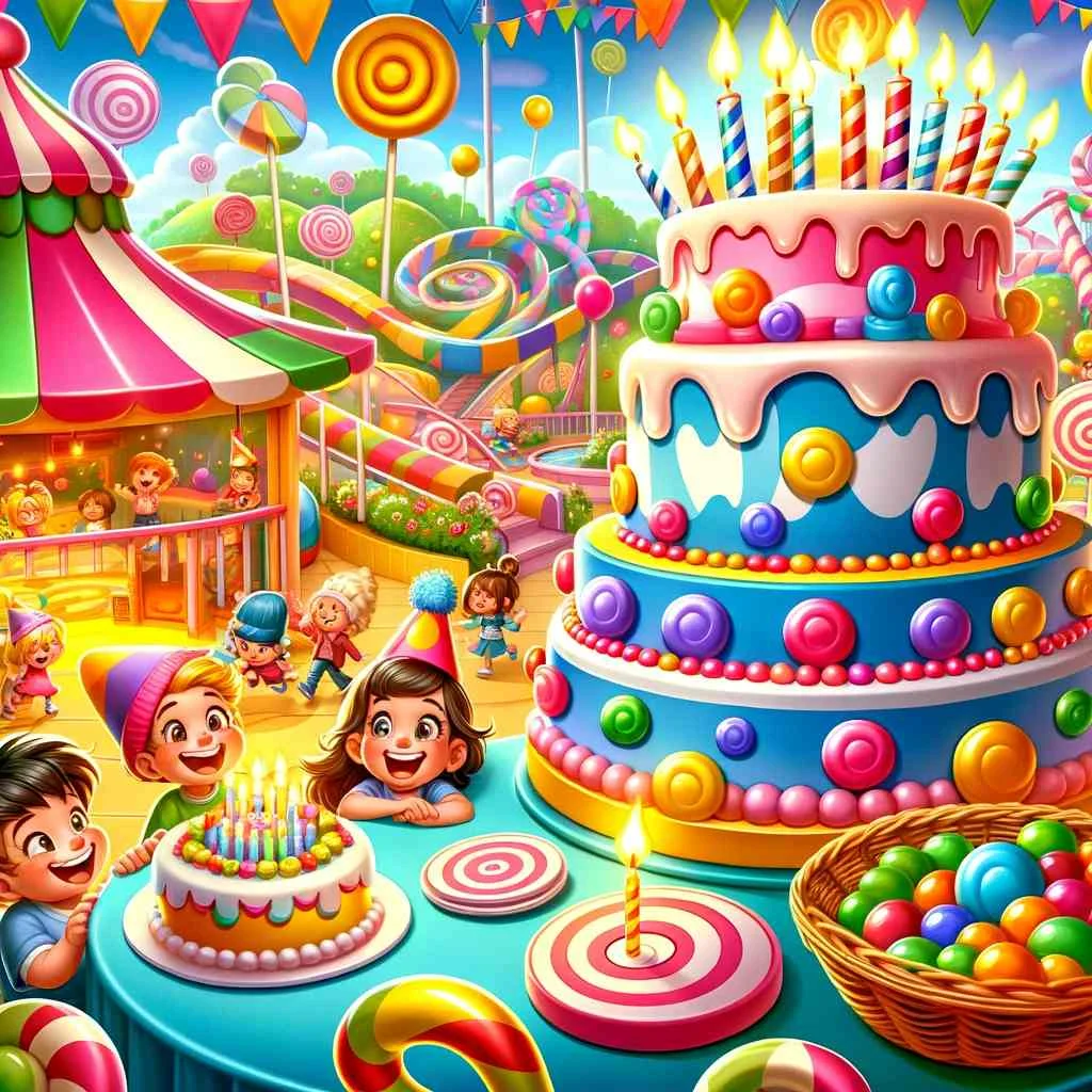 playground decorated with candy-themed attractions, children playing happily, and a festive birthday cake with six candles.