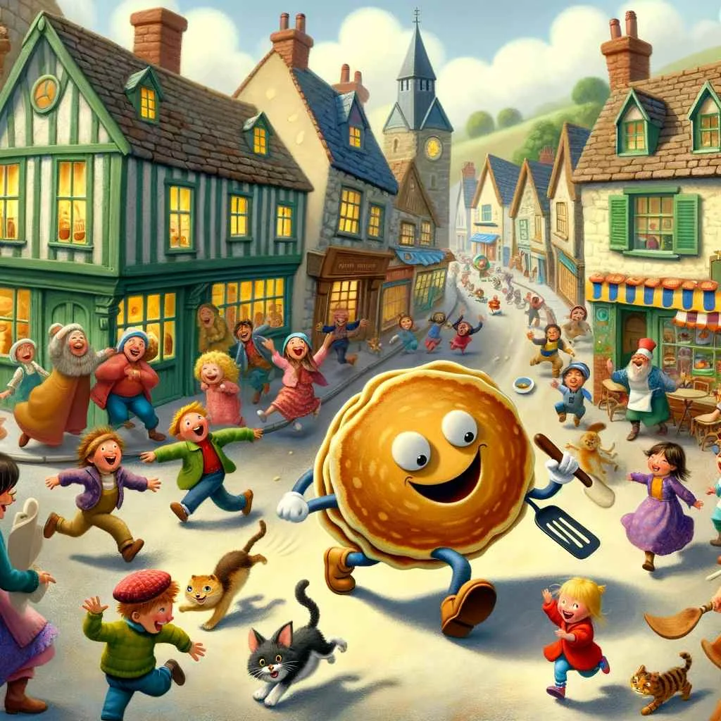a whimsical and humorous illustration for the bedtime story, showing the lively pancake's great escape through the quaint town, followed by laughing jolly chef.