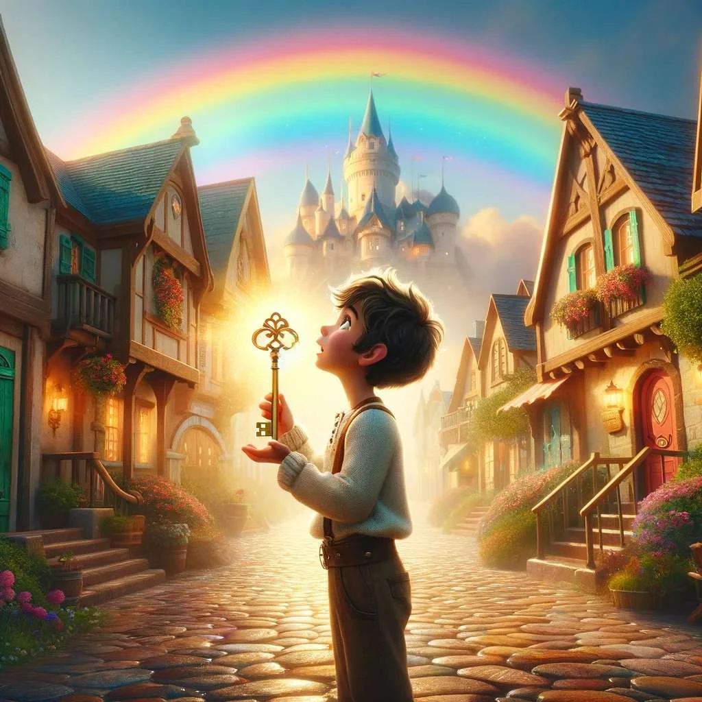 a boy standing in a quaint village, looking up at a majestic rainbow, while holding a magical golden key in his hands.