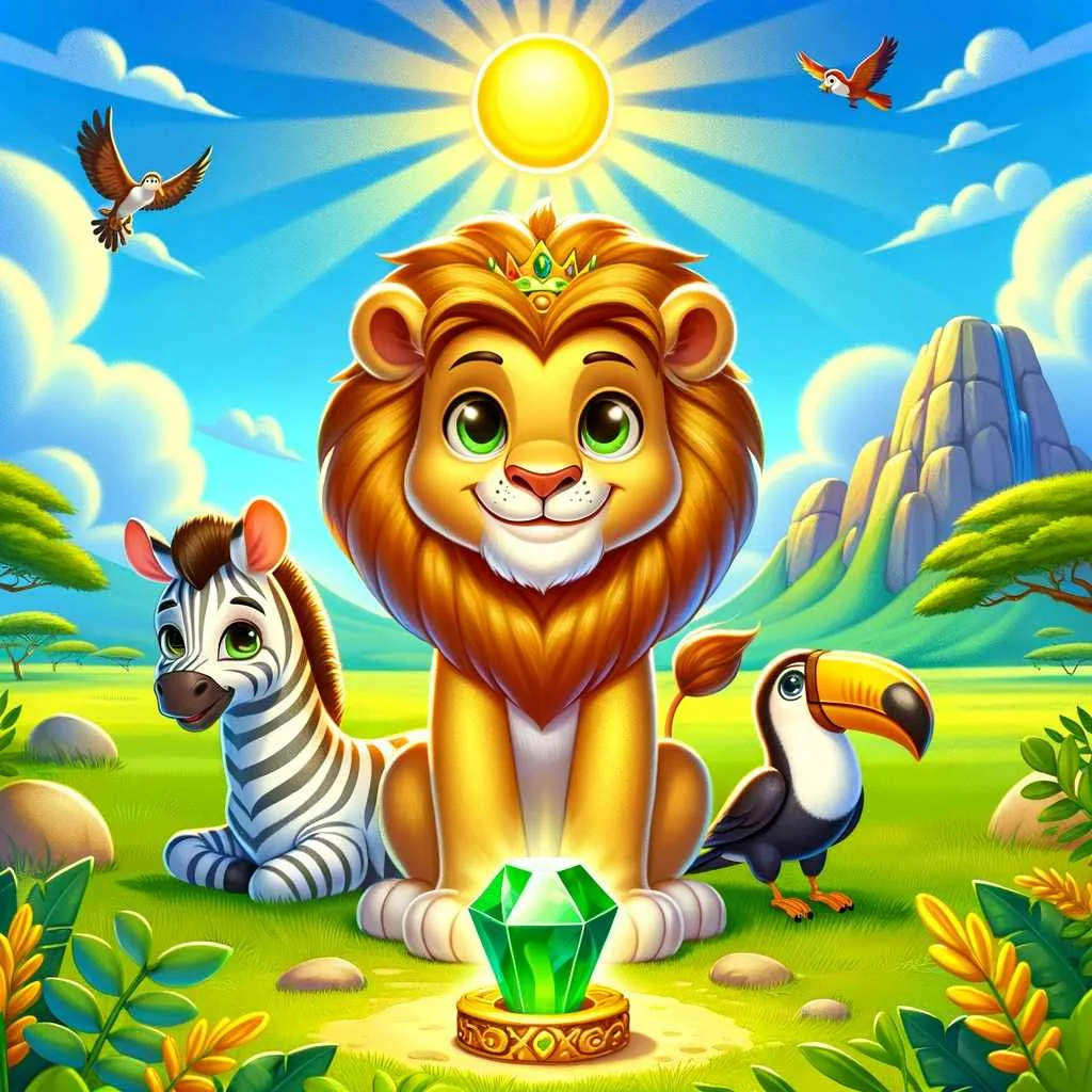 a brave young lion prince with his majestic golden mane, accompanied by his playful zebra friend and cheerful toucan, with the legendary Rain Stone in the foreground.