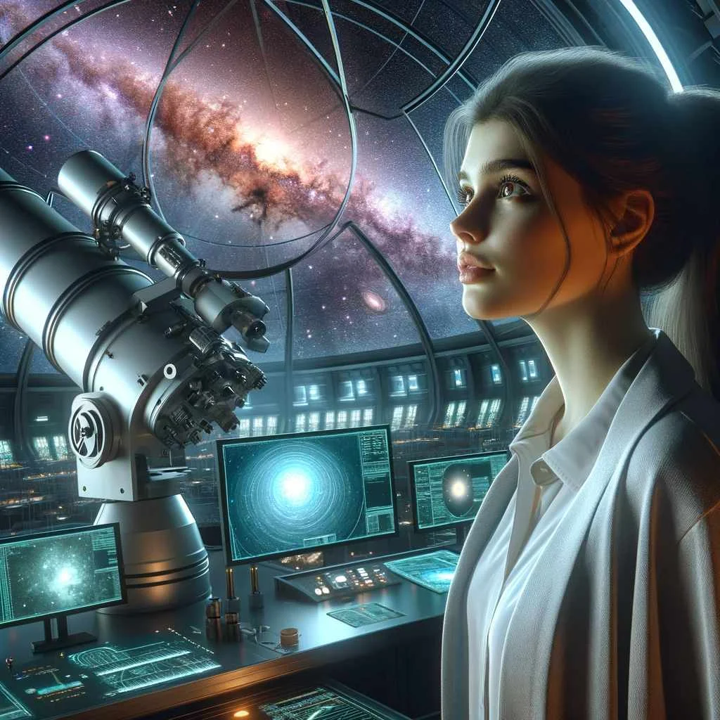 a young female astrophysicist in a futuristic observatory, observing a distant galaxy through an advanced telescope, surrounded by high-tech equipment and a star-filled sky.