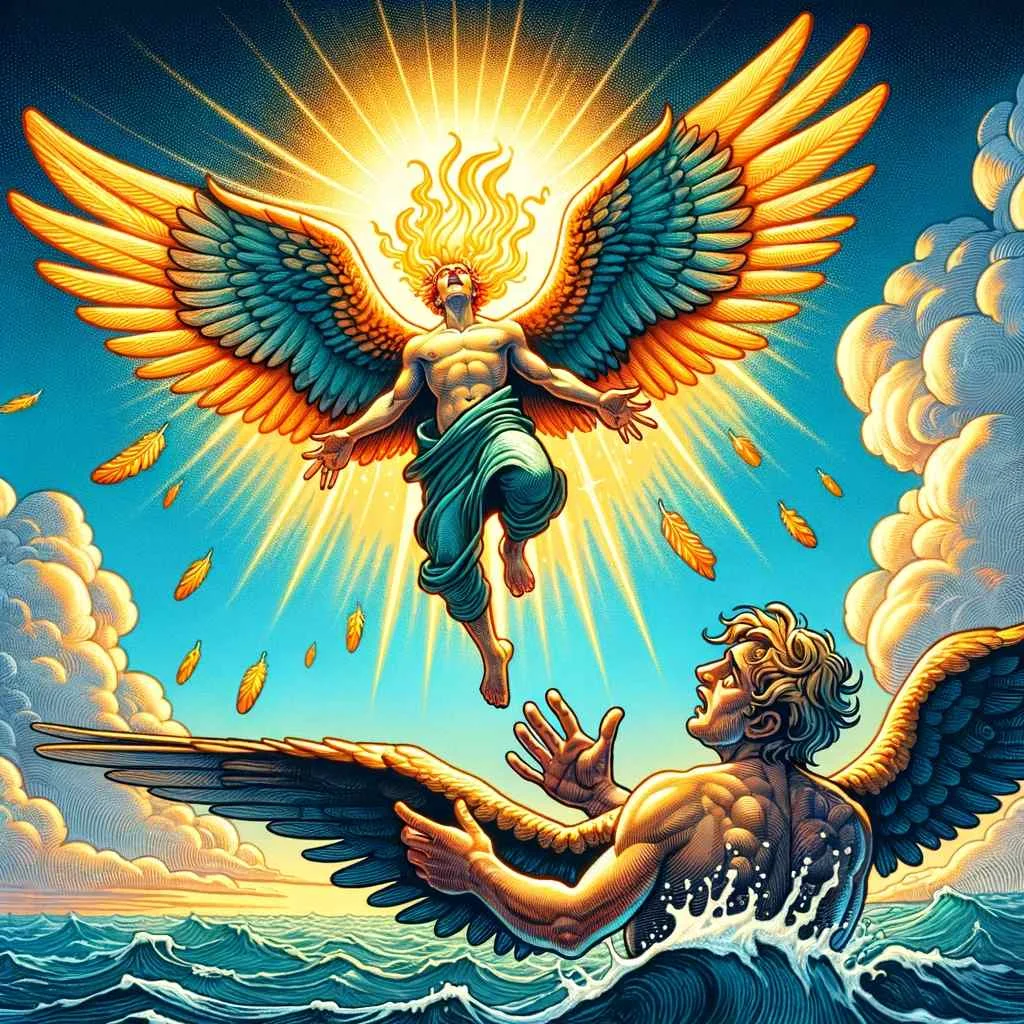 An image capturing the mythological moment of Daedalus and Icarus flying above the sea. This scene encapsulates the tragic beauty of Icarus ascending towards the sun with his melting wings, and Daedalus watching in despair below