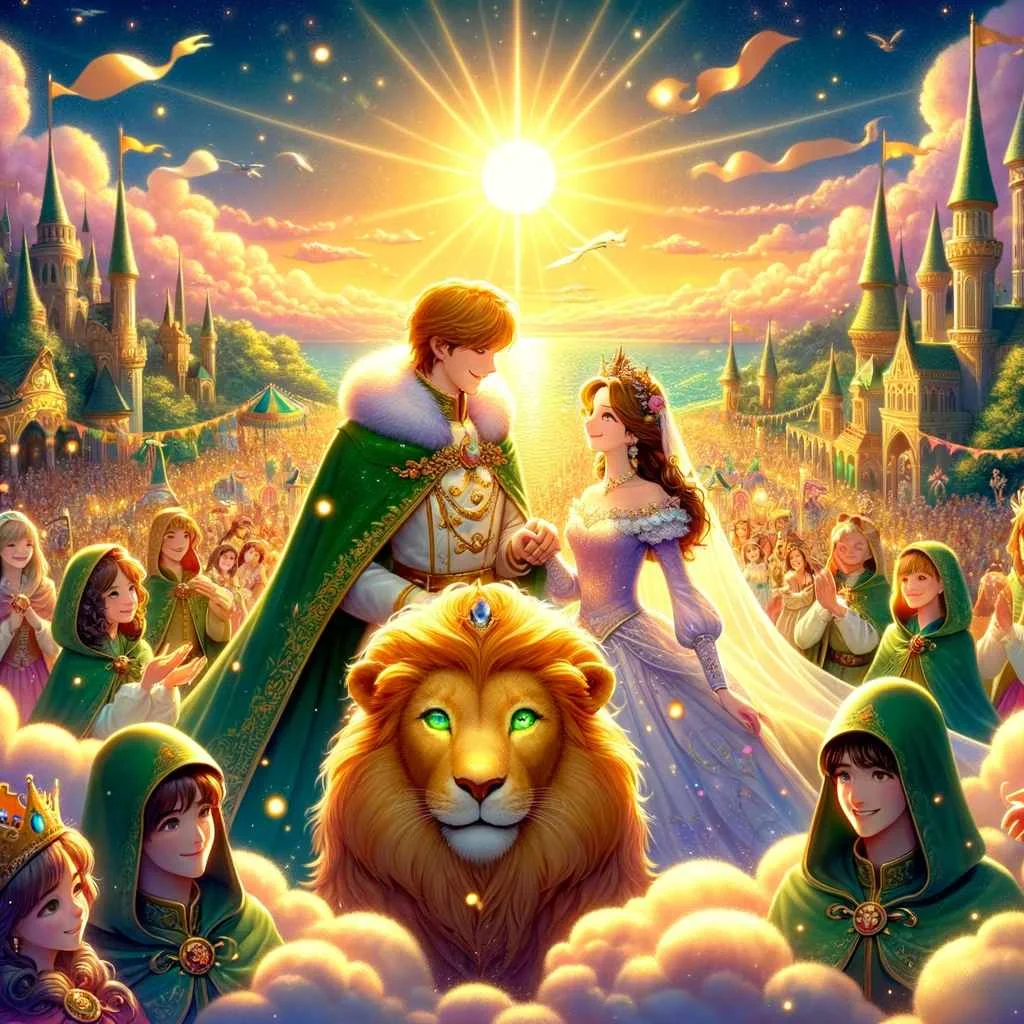 Image that captures fairy tale The Twelve Huntsmen scene where the prince and princess, surrounded by their loyal companions and a majestic lion, celebrate their love under the golden sun.