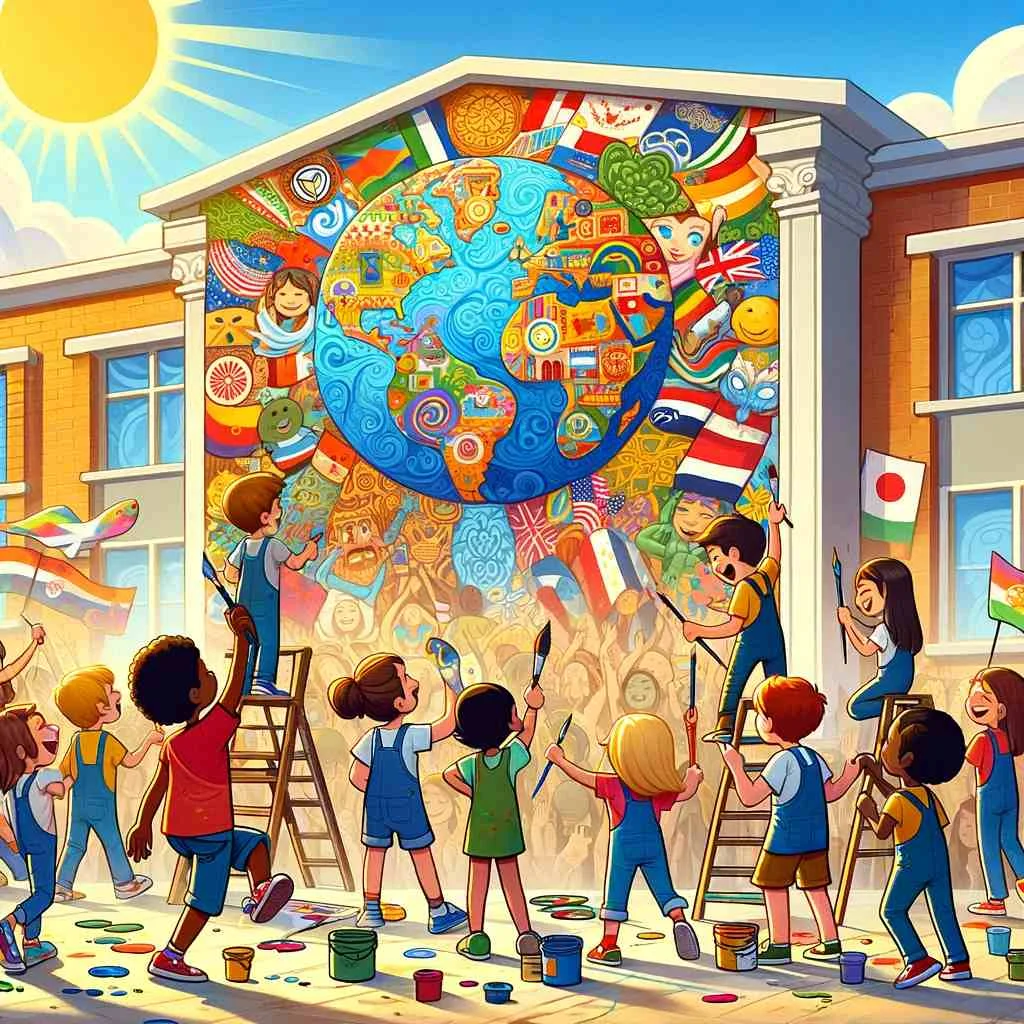 Bedtime story about compassion. It depict a group of children from various ethnic backgrounds joyfully collaborating on a large mural outside