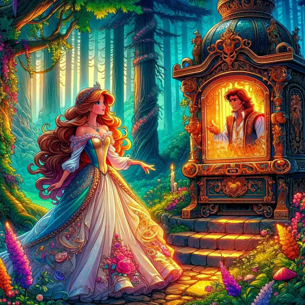 the iron stove fairy tale. the beautiful princess and prince in their magical encounter. This vibrant scene, set in an enchanted forest, captures their beauty and the enchantment surrounding their story.