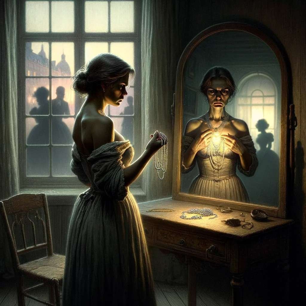 the necklace short story. a woman in a dimly lit room, her appearance and surroundings reflecting a life of hardships contrasted with her once-elegant dreams. The shimmering, though fake, necklace in her hand and the ghostly ballroom scene reflected in the tarnished mirror subtly narrate the tale of aspirations unfulfilled, set against the backdrop of Paris. The sparse room further emphasizes the melancholy of lost dreams