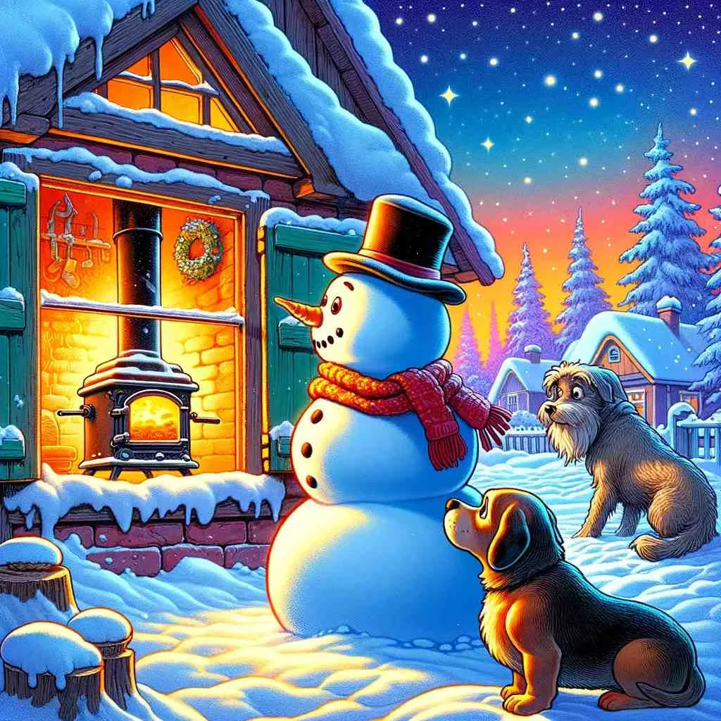 a vibrant cartoon-style illustration inspired by Hans Christian Andersen's fairy tale "The Snow Man". This scene captures the snowman's longing gaze towards the warm, glowing stove inside a cozy house, with the wise, old yard dog looking on.