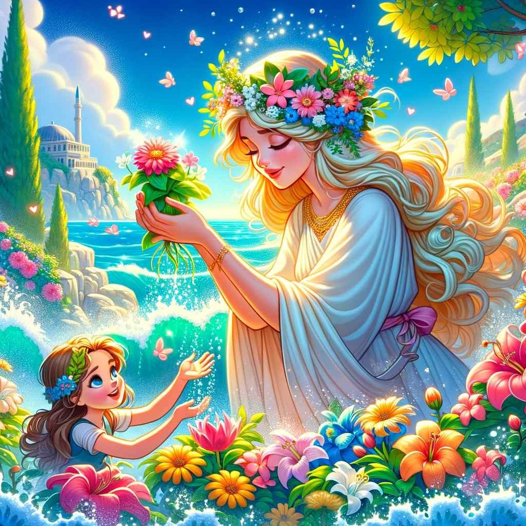 vibrant cartoon illustration inspired by Aphrodite story