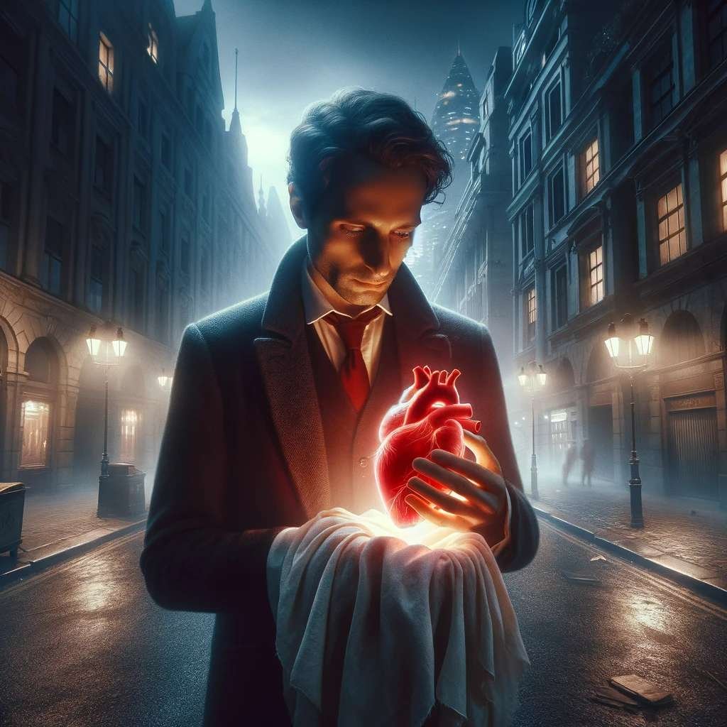 The lost heart short story. Picture a man holding the glowing, pulsing heart wrapped in a white cloth, amidst the dimly lit city street. The image aims to evoke the sense of wonder and introspection about the nature of emotions and humanity, blending the ordinary with the extraordinary in a timeless urban setting.