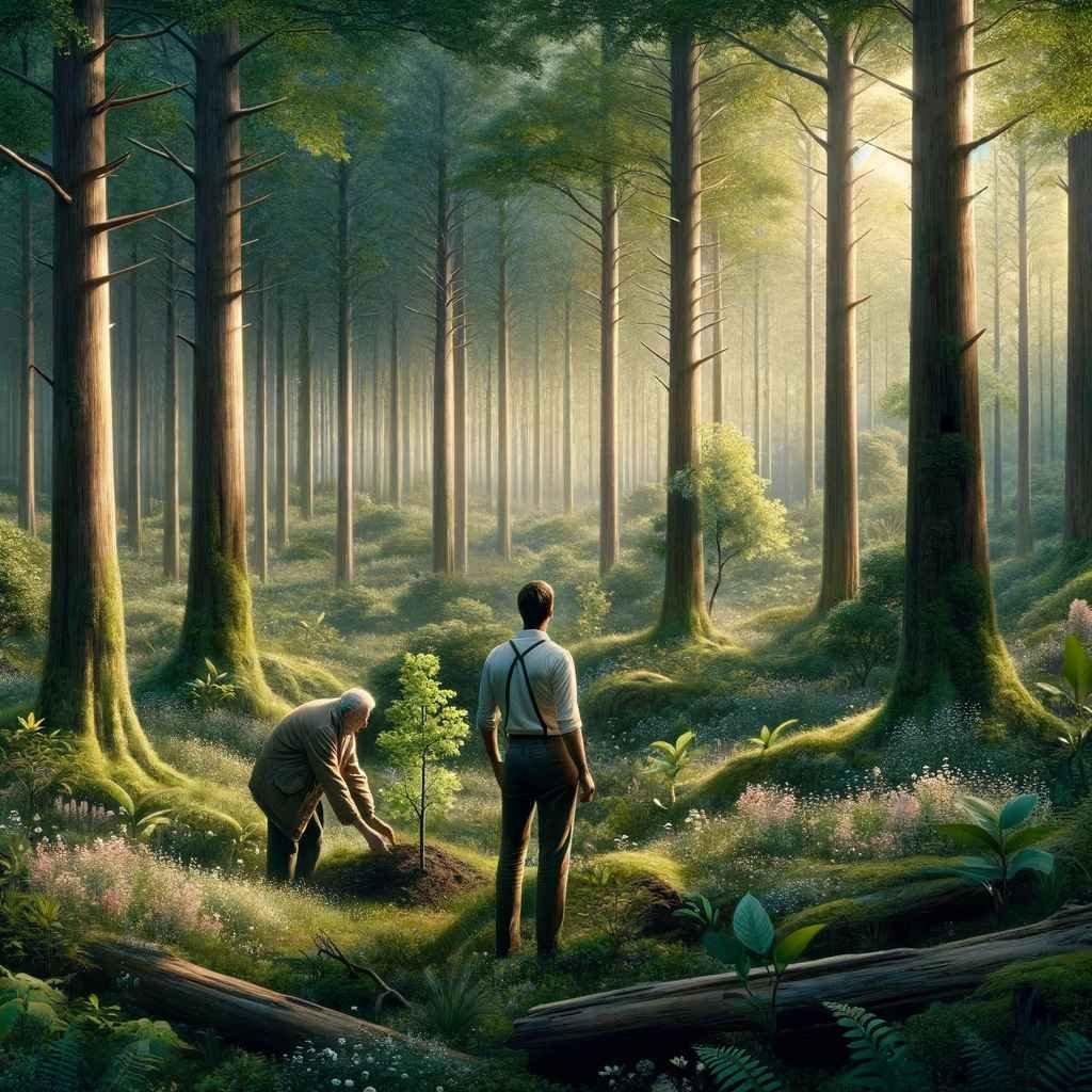the image visualizing a beautiful, vibrant forest with a younger man standing in admiration and an elderly man planting small trees, embodying a narrative of environmental stewardship and hope.