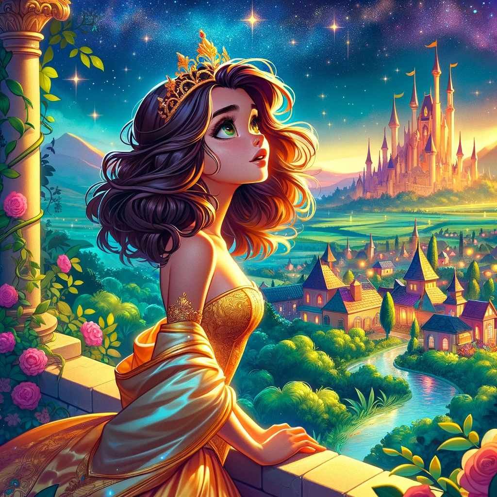 the toy princess. This illustration reflects her longing for freedom and adventure beyond the palace gates, under a magical starry sky.