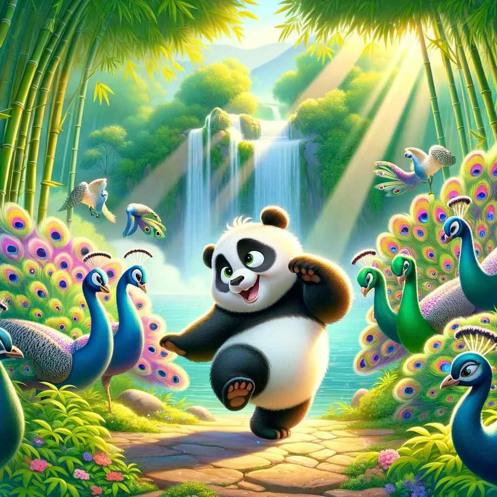 a whimsical story about Bao, a young panda known for his clumsiness. The scene is set in the lush, green bamboo forest