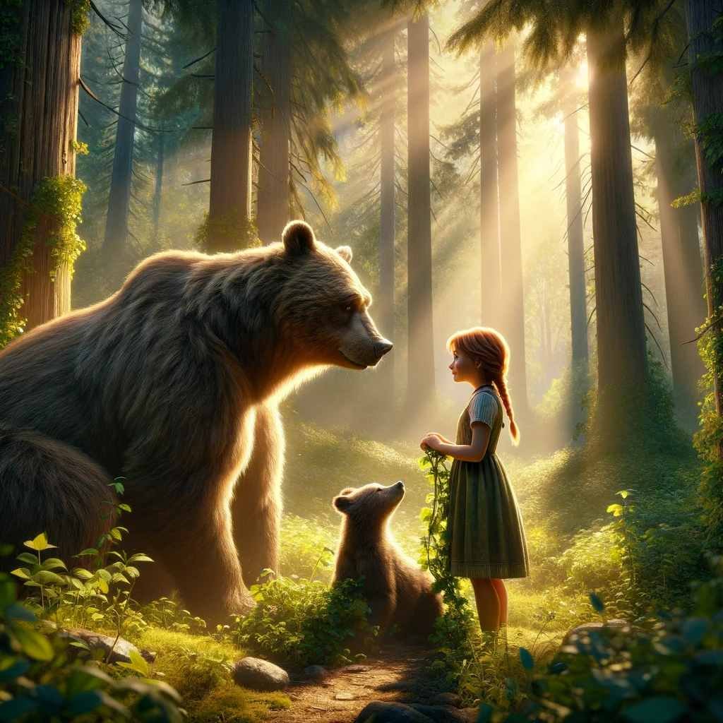  A heartwarming scene in a sunlit forest where Anna, a kind-hearted young girl, encounters a bear family. The setting is lush with dense greenery