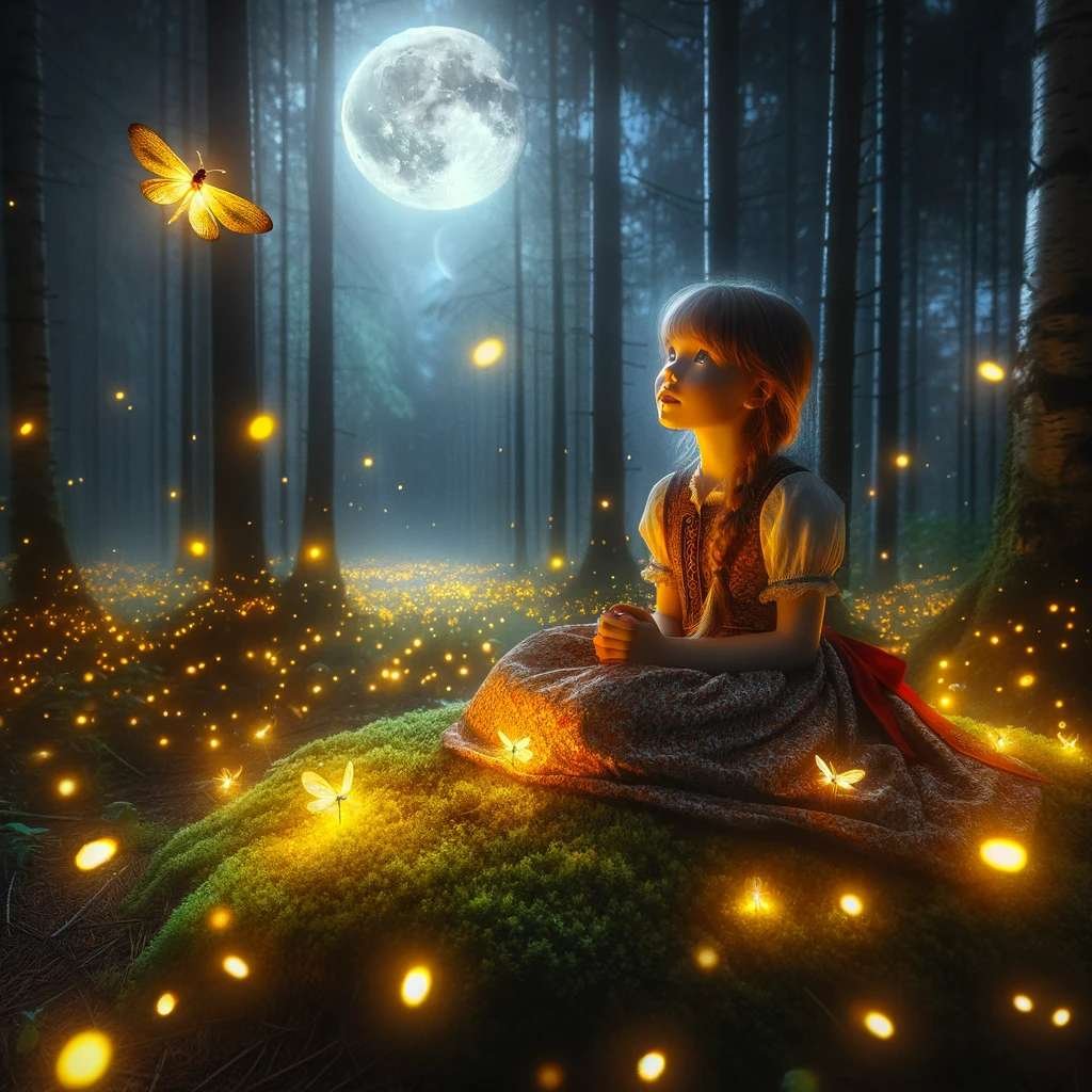 A magical nighttime scene in a forest clearing illuminated by the full moon's silver light. Anna, a young girl, is surrounded by thousands of glowing