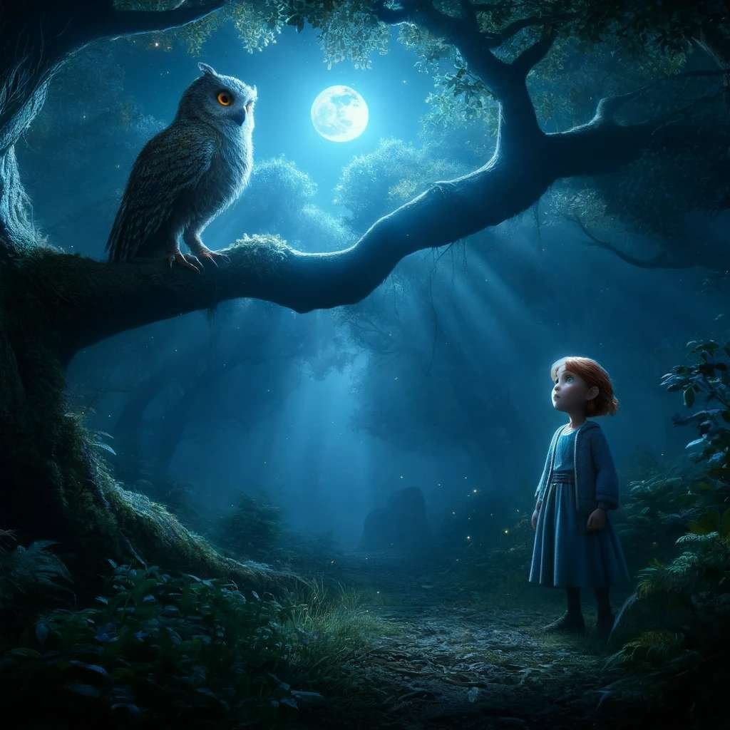 A serene night scene in a mystical forest under the glow of the moon. Anna, a young girl, stands near an ancient oak tree, looking up with wide eyes