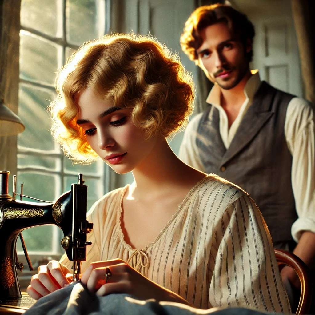 A young woman with short golden curls sits sewing by a window in a well-lit, elegant room. Sunlight catches her golden curls.
