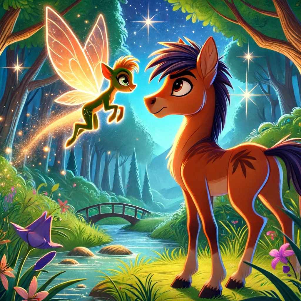 a small horse talks to a fairy