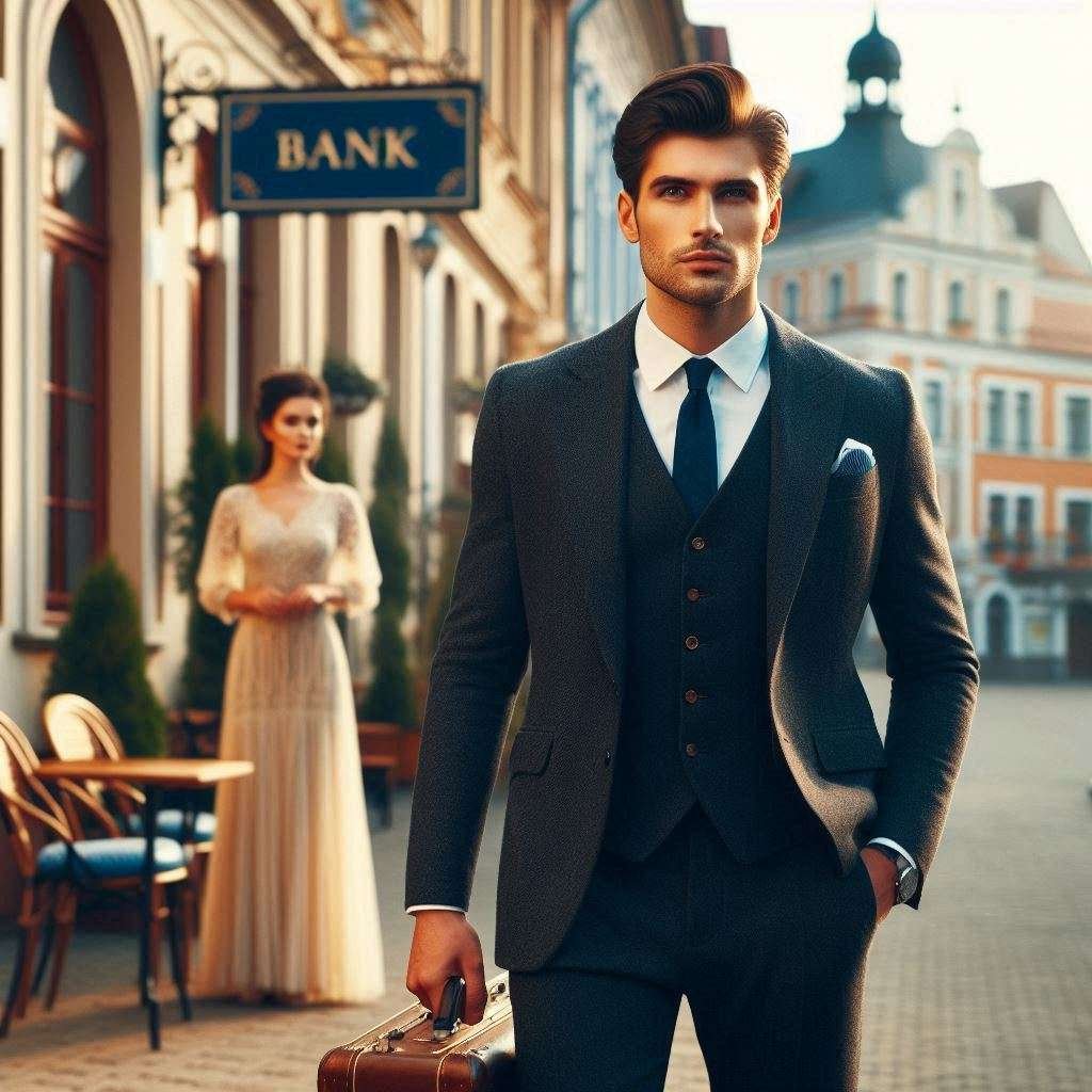 stylish young man in well-fitted clothes, carrying a suitcase, standing confidently in front of a small-town bank. The background features a quaint street with a café and a hotel, evoking a warm, nostalgic atmosphere. In the distance, an elegantly dressed young woman looks at the man with curiosity and interest,