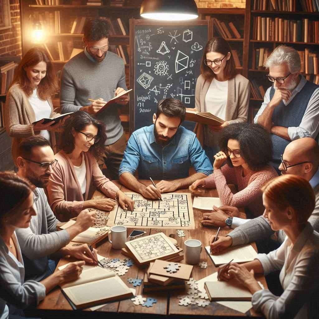 a diverse group of adults gathered around a table, engrossed in solving logic riddles