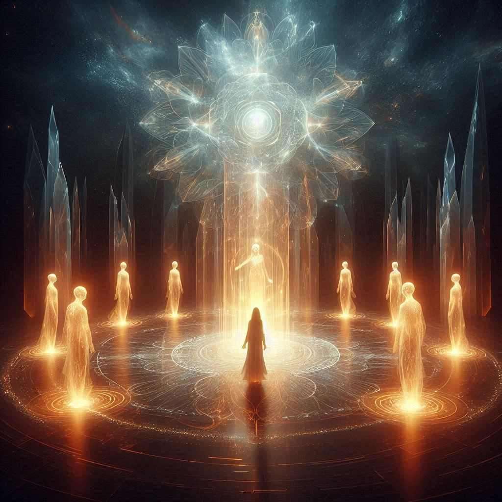 A woman named Helen stands in a vast dark void, with a towering crystal structure glowing with internal light before her. Six ethereal figures radiating soft, warm light surround her in a semicircle, with one glowing female elder standing out. The entire scene is bathed in a peaceful, sacred atmosphere filled with love and serenity.