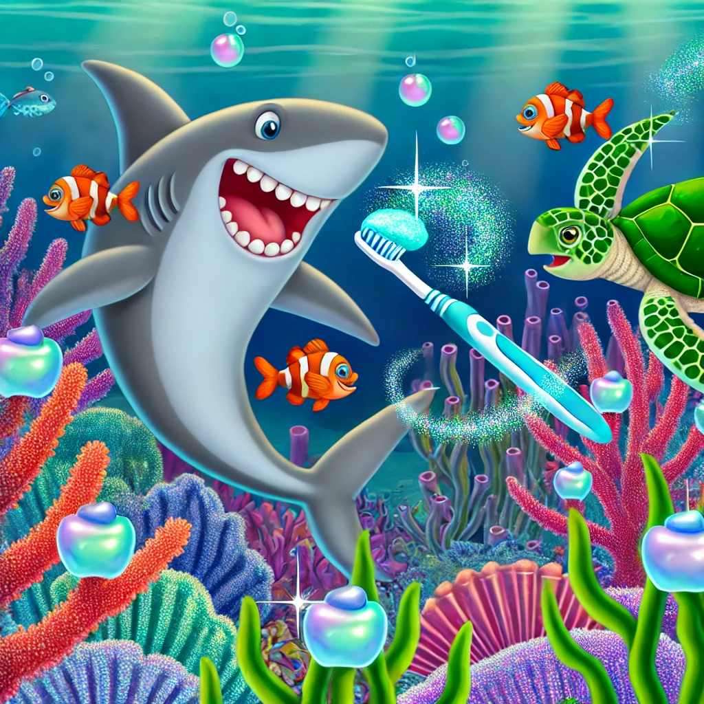 Sharky the superhero shark in the vibrant underwater city of Coral Cove,