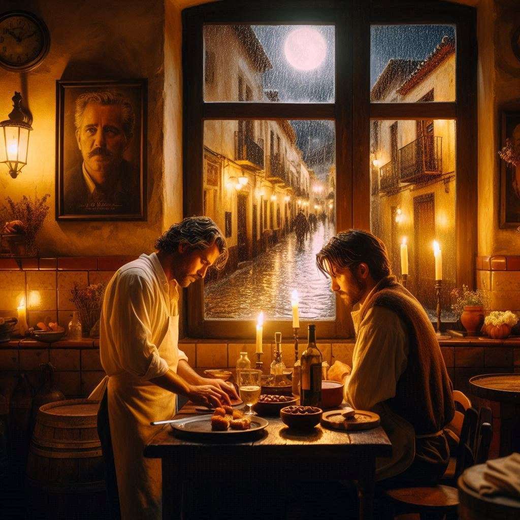 In a cozy Andalusian restaurant, Luis, a weary chef, and Tomás, a once-lost man, work together to reignite their passion for cooking. The warm candlelit setting, rustic kitchen, and rain-soaked cobblestone streets outside reflect the story's themes of hope, redemption, and second chances.