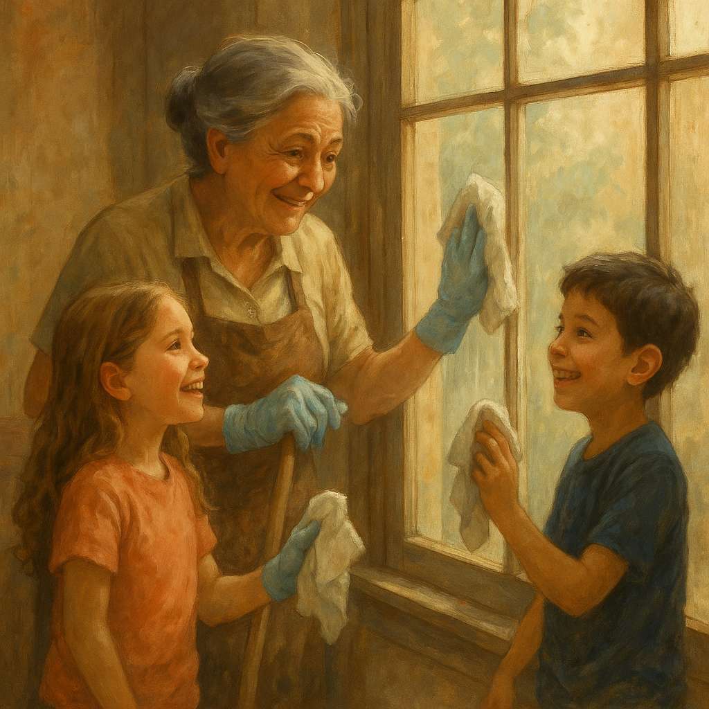 a story to lift up the soul. in the image two children help a lady clean windows