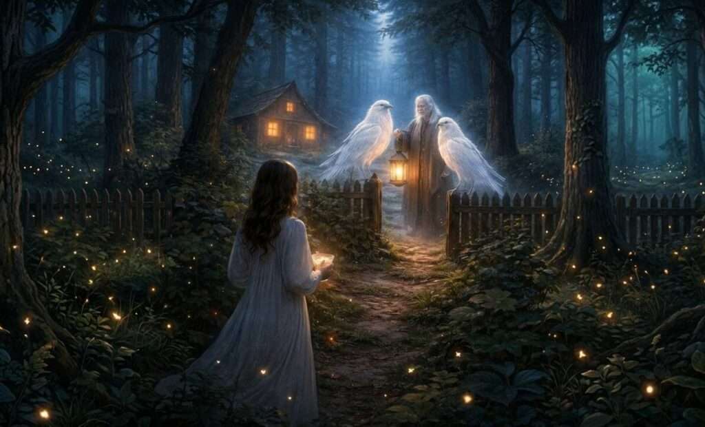 a girl holds a lamp and looks at a magical forrest where a magical white raven talks with a wise man